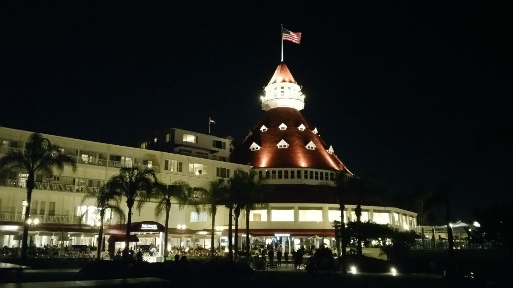 Hotel Del from the back at night. 